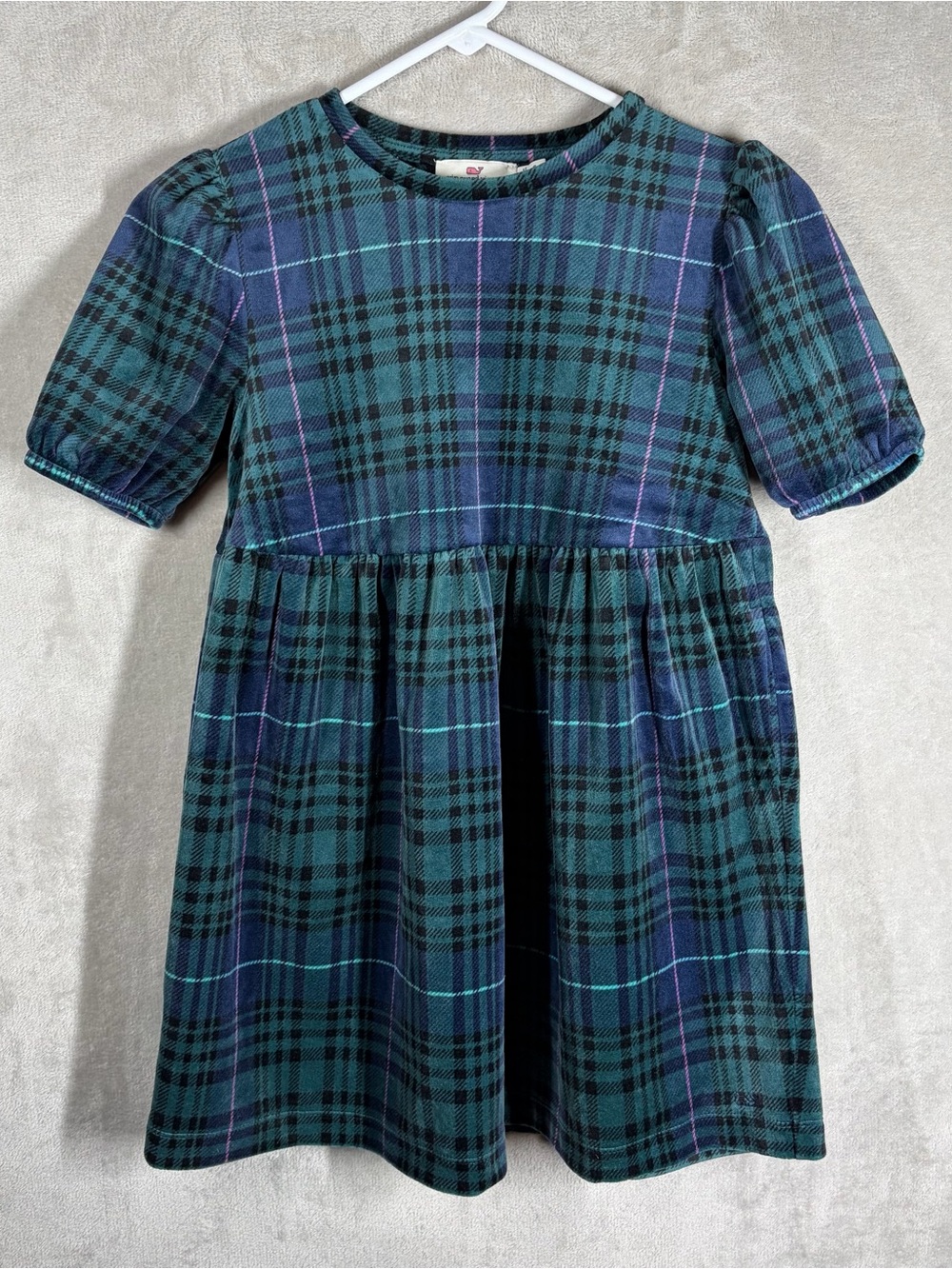 Vineyard Vines Velvet Puff Sleeve Dress Girl 7/8 Green Plaid Soft Stretch Preppy